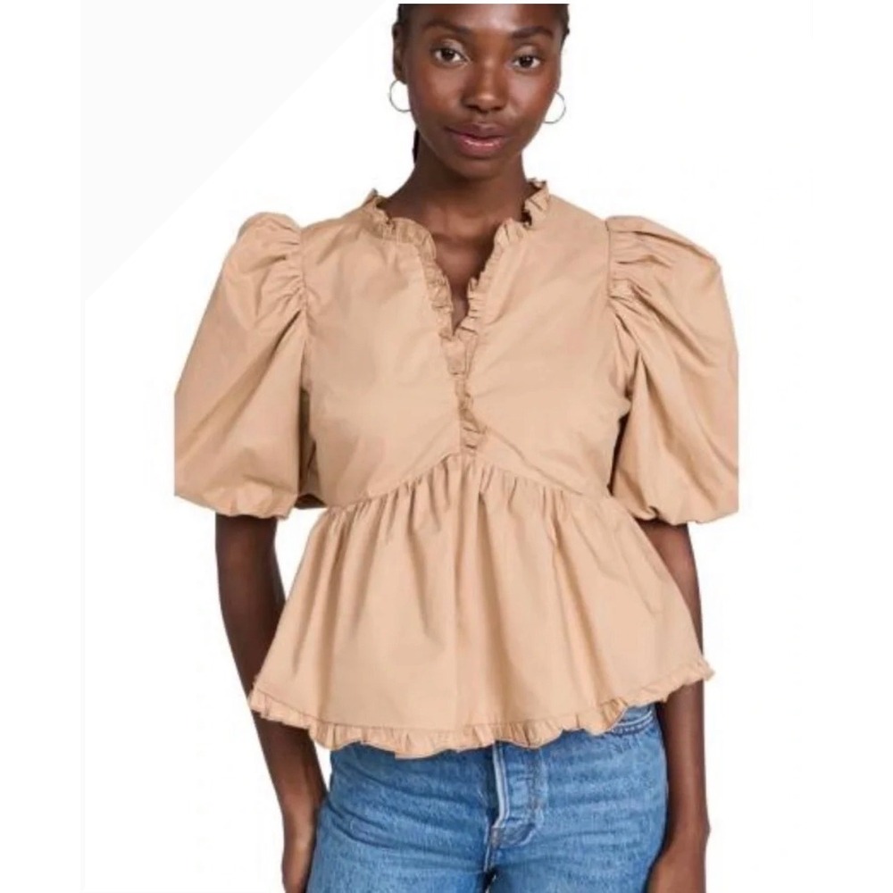 Endless Rose Puff Sleeve Peplum Top Tan Ruffle V-Neck Cotton Size S JJ1080T